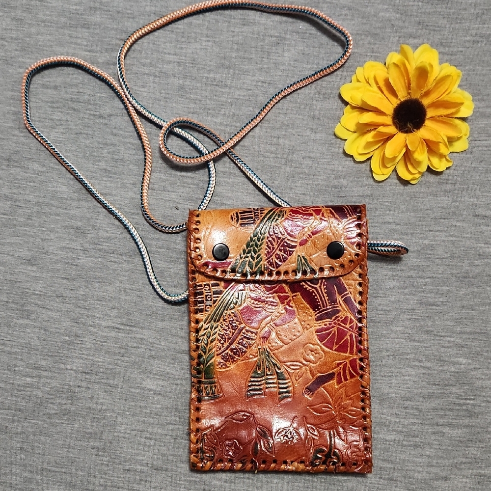 Handcrafted Brown Embossed Leather Crossbody Phone Pouch